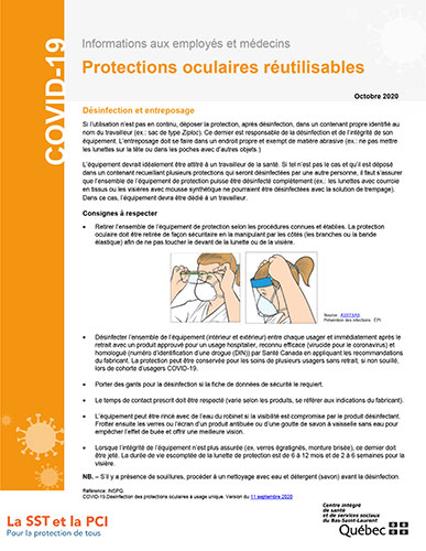 Protection oculaire - Désinfection et entreposage